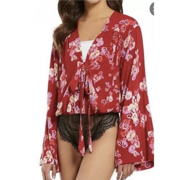 Intimately Free People Forties Feels Floral Bell Sleeve Lace Red Bodysuit XS - Picture 1 of 6